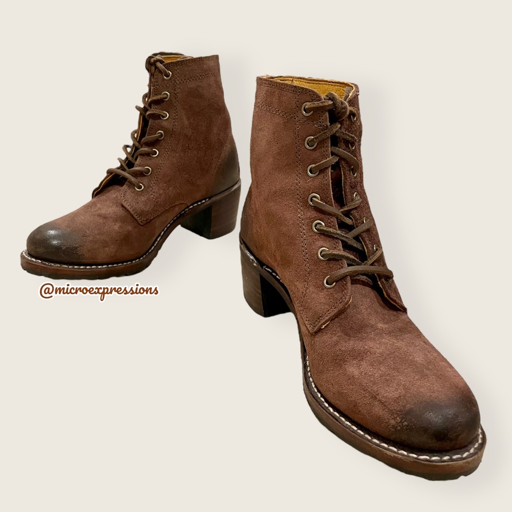 $428 Frye Sabrina 6G Lace Up Dark Brown Real Leather Suede Moto Combat AnkleBoot - Picture 12 of 14